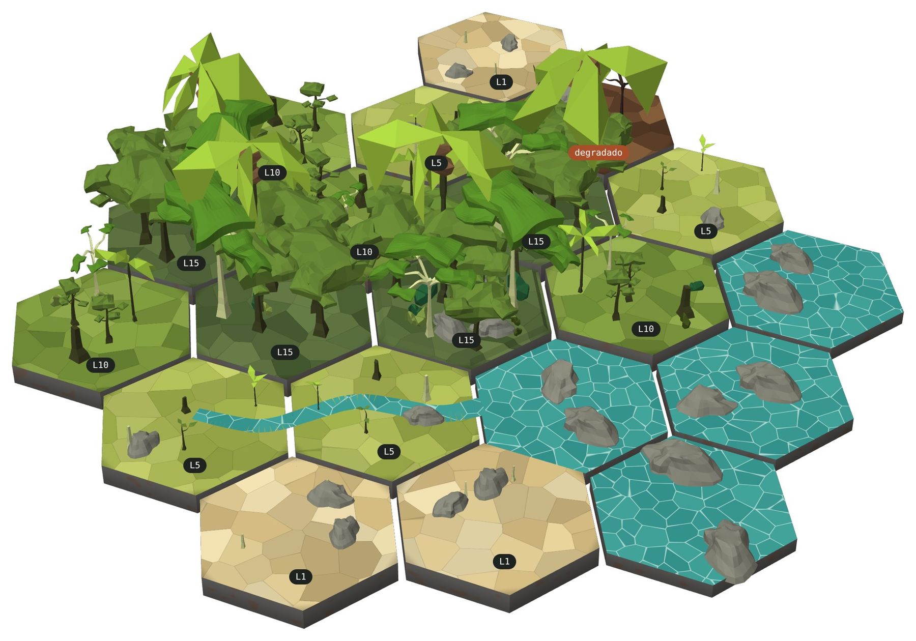 ForestEyes territory, hexagonal tiles at levels 0 to 15